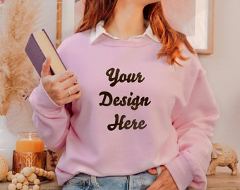 Gildan 18000 Mockup, Pink Sweatshirt Mockup, Model Mockup, G180 Mockup, Fall Mockup