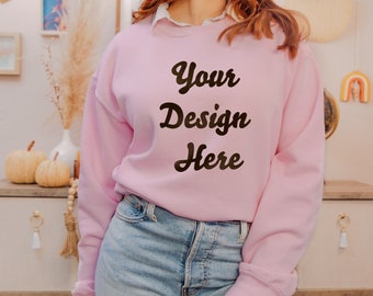 Gildan 18000 Mockup, Pink Sweatshirt Mockup, Model Mockup, G180 Mockup, Fall Mockup