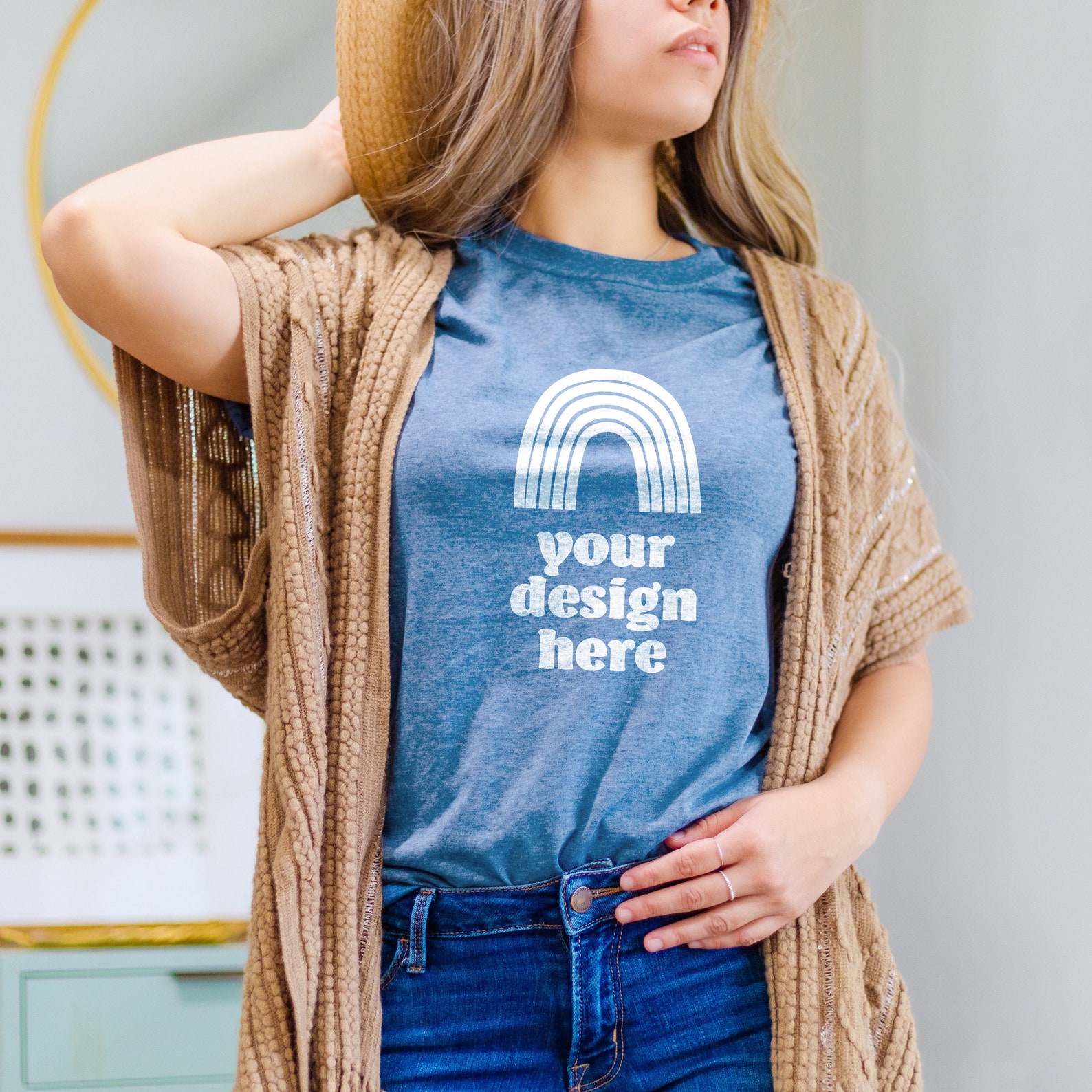 Download Gildan 64000 Heather Indigo Mockup blue Shirt Model Mockup | Etsy