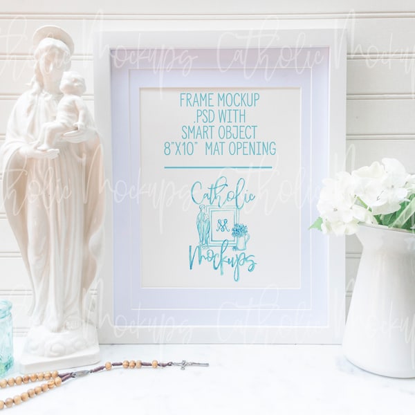 Catholic Mockup Christian Mockup Religious .PSD Photoshop Smart Object White Frame Mockup Vertical 8x10 BVM Blessed Virgin Mary Art Rosary