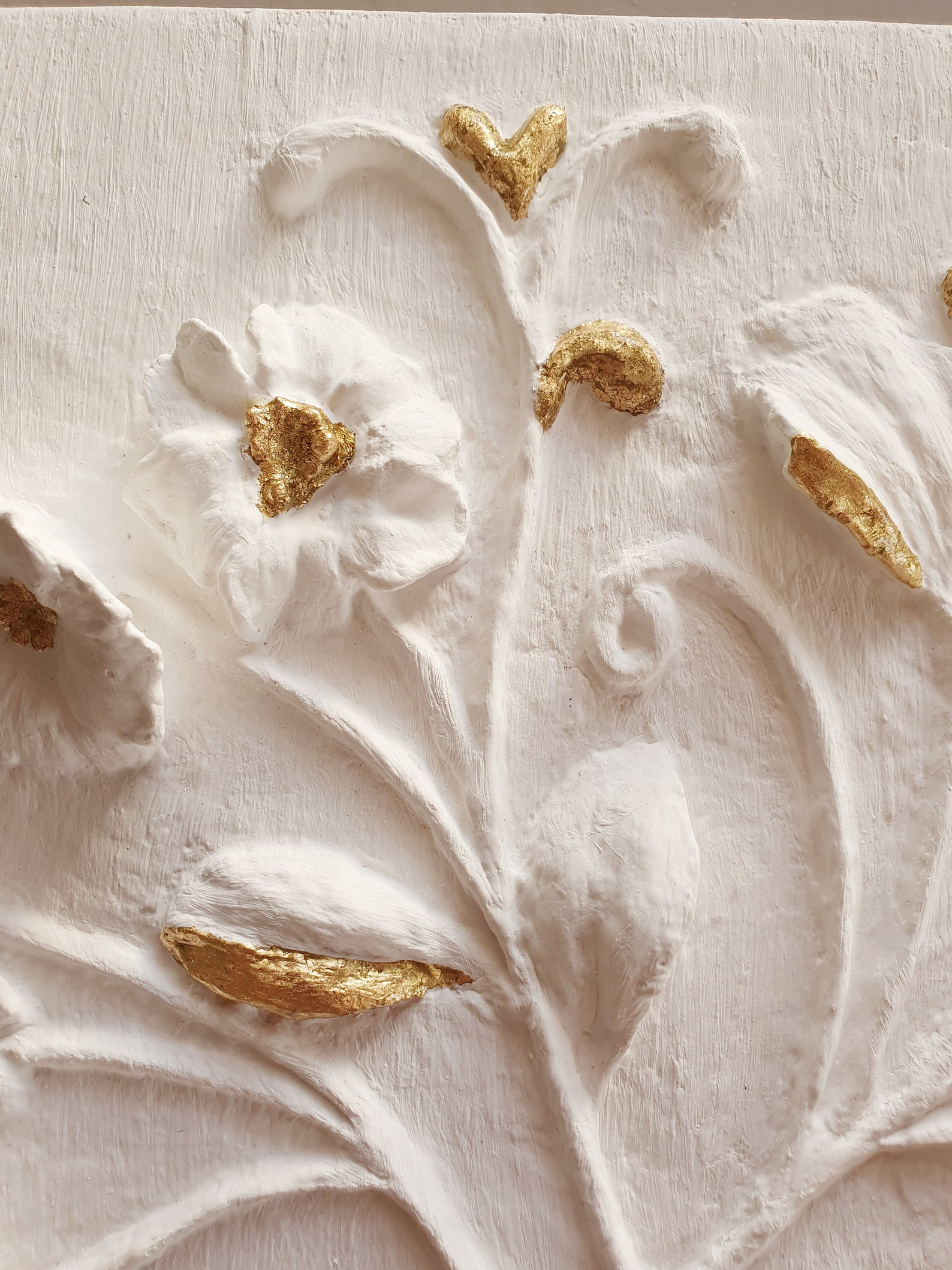 Plaster wall art Gold leaf artwork Relief Plaster Relief White Etsy