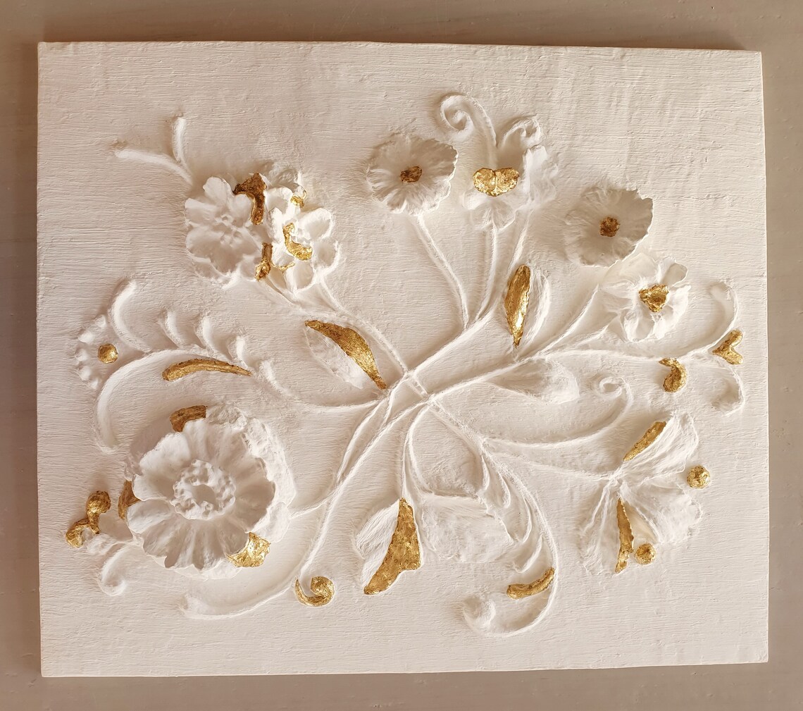 Plaster wall art Gold leaf artwork Relief Plaster Relief White Etsy