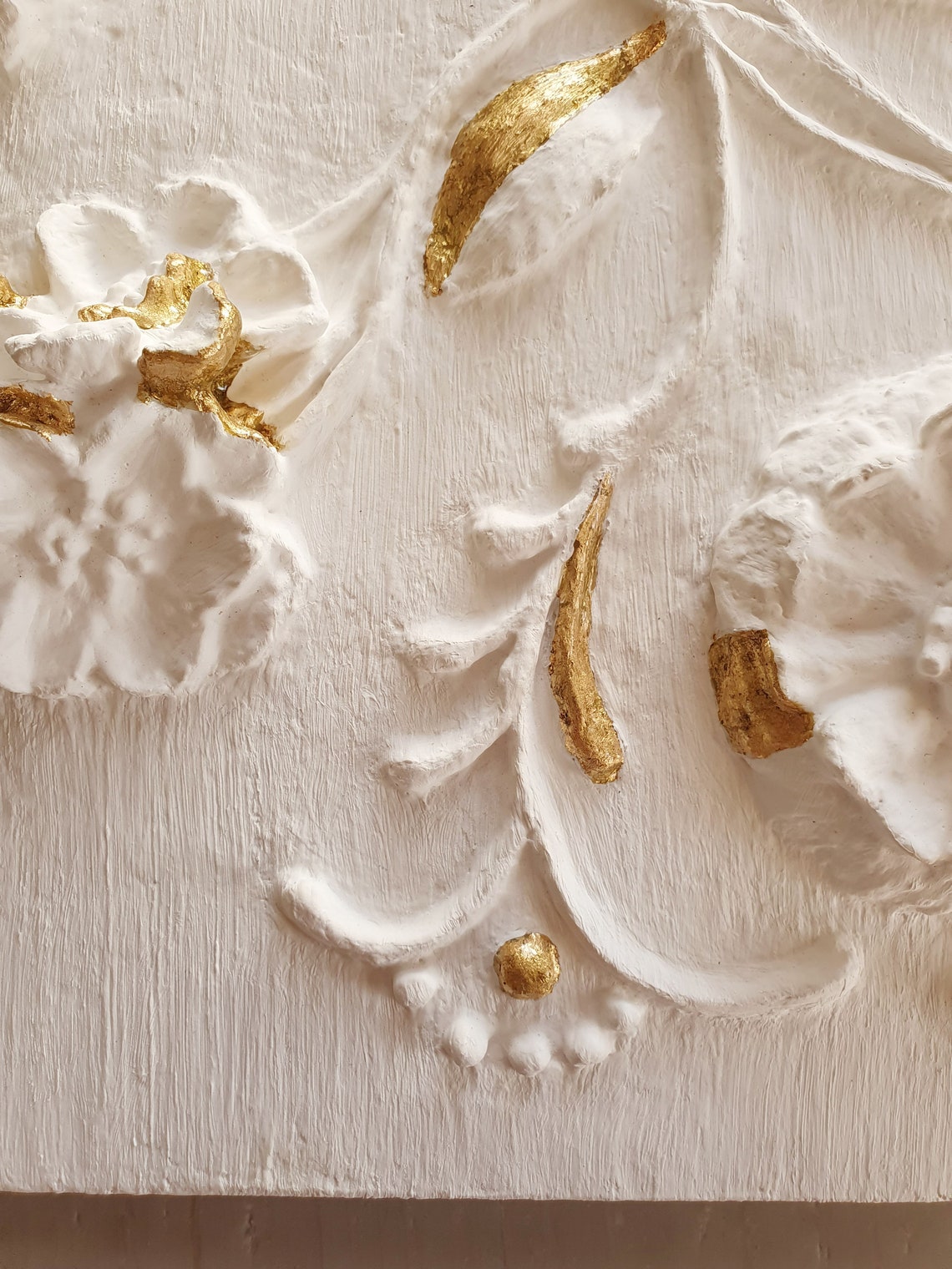 Plaster wall art Gold leaf artwork Relief Plaster Relief White Etsy