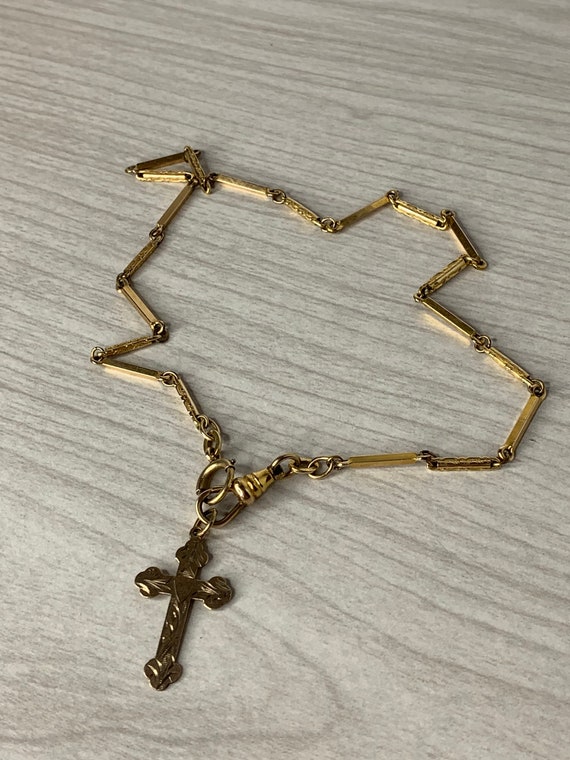 9k gold hand etched cross charm . Vintage gold pe… - image 4