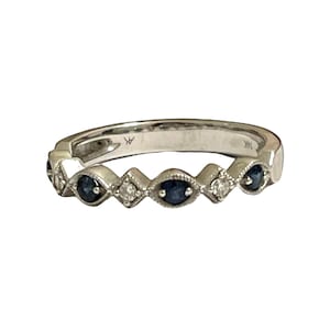 14KT White Gold Stacking Ring: Diamond & Sapphire Engagement Band