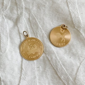 Zodiac Coin Pendants. Cancer . Taurus. Coin Charm . 14KT Gold Charms ...
