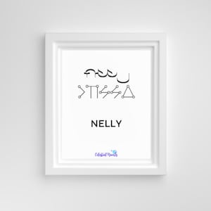 Puede incluir: Una impresión enmarcada en blanco con un diseño geométrico negro y el nombre "NELLY" escrito debajo. El diseño está formado por círculos, líneas y un triángulo. La impresión también incluye el texto "Celestial Names" en una fuente más pequeña.