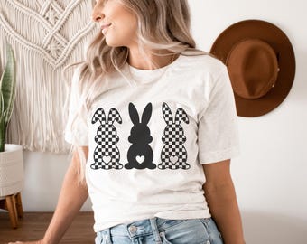 Checkered Bunny Easter T-Shirt - Cute Spring Graphic Tee, Perfect for Easter Egg Hunt!