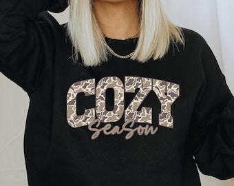 Camo "Cozy Season" Sweatshirt: Black Cotton Blend, Relaxed Fit