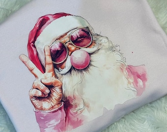 Popping Pink Santa Crewneck Sweatshirt- Christmas Apparel for Her, Pink Sweater Holiday