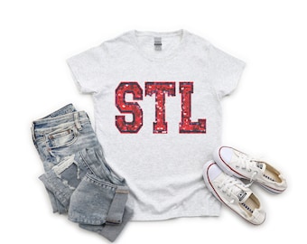 STL Faux Sequin Gildan Tshirt, St. Louis Sequin Tshirts for Her, Baseball Fan Apparel