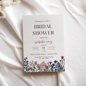 Minimalistische wilde bloemen bruids douche uitnodiging, liefde in bloei thema aquarel bloemen uitnodigen, bewerkbare sjabloon, instant download, 5x7 kaart