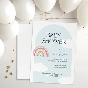 Regenbogen-Babypartyeinladung, Pastelltöne und Boho-Thema, geschlechtsneutral, sofortiger Download, vollständig bearbeitbare Vorlage, 13x18 Karte