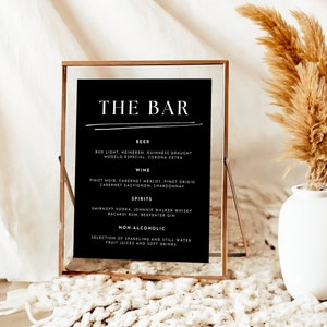 Szablon menu na nowoczesny, organiczny bar weselny, czarno-biały minimalistyczny znak na specjalne wydarzenie, edytowalny do natychmiastowego pobrania, 5x7 i 8x10