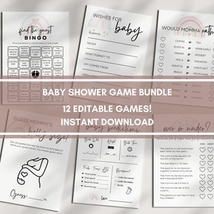 Boho over the rainbow Babyparty-Spielepaket, Pastell- und gedämpfte Töne, 12 bearbeitbare Spiele, sofortiger Download, 5x7 Karten