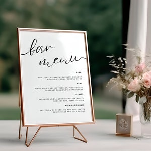 Minimalistyczne menu weselne, elegancki i prosty znak na napoje na imprezę, natychmiastowe pobranie w pełni edytowalnego szablonu, rozmiary 5x7 i 8x10