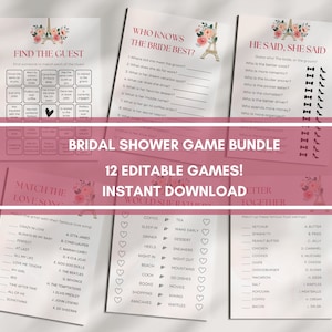 Lot de jeux de douche nuptiale sur le thème chic de Paris, élégant rose parisien et floral, 12 jeux modifiables avec toile, téléchargement immédiat, 5 x 7 cartes