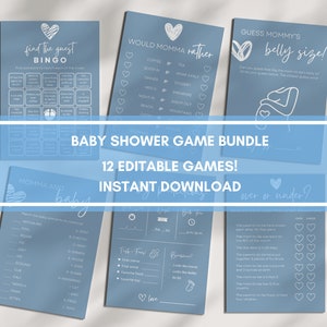 Divertenti giochi per baby shower blu polveroso, 12 giochi modificabili, pacchetto baby shower con cuori minimalisti oh boy, download istantaneo, carte 5x7