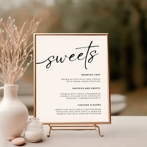 Minimalistische Dessertkarte, elegantes und einfaches Hochzeits- und Event-Süßigkeitenschild, sofortiger Download, vollständig bearbeitbare Vorlage in den Größen 5x7 und 8x10