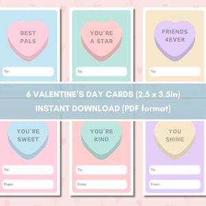 Corazones de conversación Tarjetas del Día de San Valentín, 6 diseños únicos en tonos pastel, apropiado para la escuela, descarga instantánea imprimible, 2.5x3.5 pulgadas