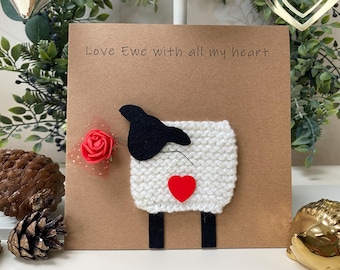 Handmade supercute knitted sheep valentine keepsake cards. Can be personalised for colour or greeting.