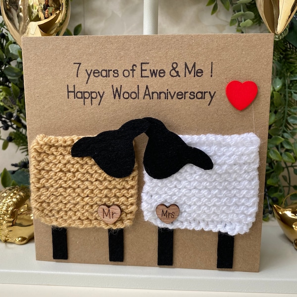 Handmade super cute knitted wool anniversary, date night or just because love cards. Can be personalised for colour or greeting.