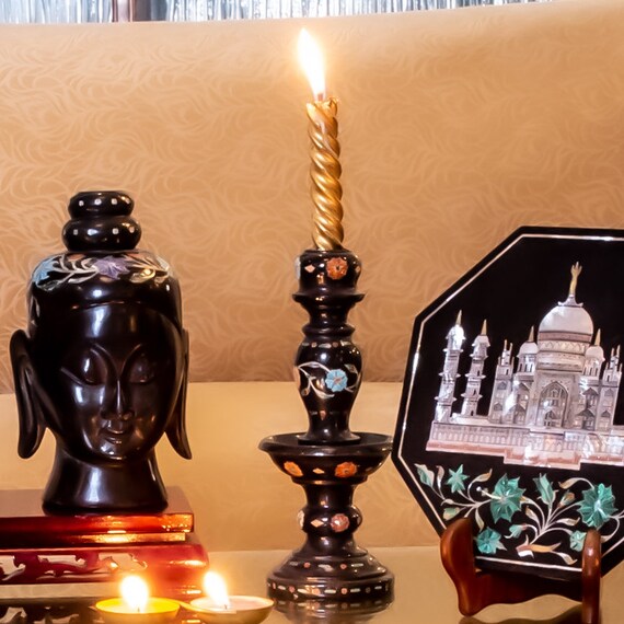 Marble Candle Holder inlaid with semiprecious stones Etsy