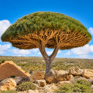 May include: A unique dragon blood tree with a dense, umbrella-shaped crown of green foliage. The tree's trunk splits into two main branches, and the intricate network of branches is visible. The tree stands in a dry, rocky landscape under a blue sky.