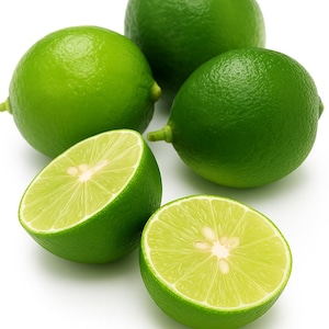 May include: A collection of fresh green limes, some whole and others halved, showcasing the juicy interior. The limes have a vibrant green skin and a light green, segmented flesh. The image is set against a clean white background.