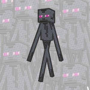 May include: A black and grey Minecraft Enderman figure with pink eyes. The figure is standing with its arms outstretched and legs spread apart. The figure is surrounded by a pattern of grey Minecraft Enderman figures.