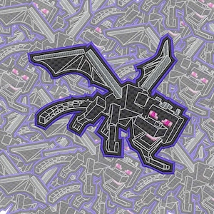 May include: An embroidered patch of a Minecraft Ender Dragon with wings spread out. The dragon is made of pixelated blocks and is coloured purple and black.