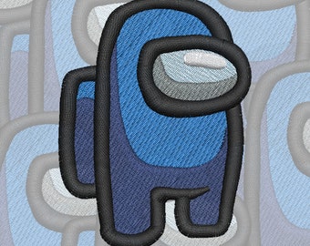 May include: A blue embroidered patch of an Among Us character. The character is wearing a dark blue spacesuit with a black outline. The character has a black visor and a white oval-shaped eye.
