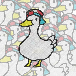 May include: A white goose with a red, white, and blue hat is surrounded by a pattern of white geese with red, white, and blue beaks and eyes.