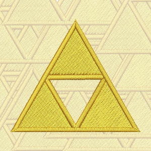 May include: A gold embroidered triangle with a smaller triangle inside, creating a three-dimensional effect.