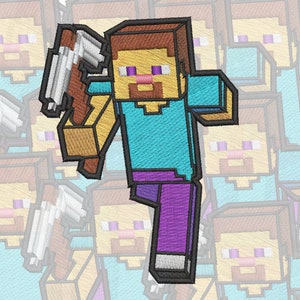 Può includere: Un personaggio di cartoni animati pixelato del videogioco Minecraft, che tiene una piccozza. Il personaggio indossa una camicia blu, pantaloni viola e capelli marroni. Lo sfondo è un motivo dello stesso personaggio.