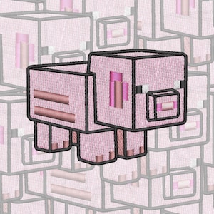 May include: A pink pixelated pig with black outlines. The pig is made up of individual blocks, similar to a video game character.