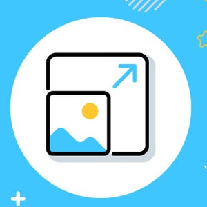 Puede incluir: Una fotografía de paisaje azul y blanco con un sol amarillo en un marco blanco con una flecha blanca apuntando hacia arriba.