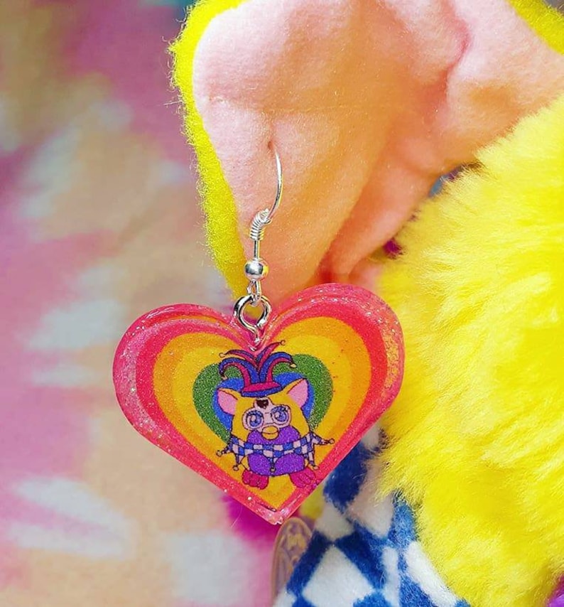 Glitter Jester Furby Rainbow Heart Fishhook Earrings