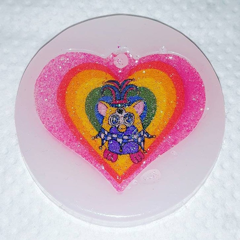 Glitter Jester Furby Rainbow Heart Fishhook Earrings