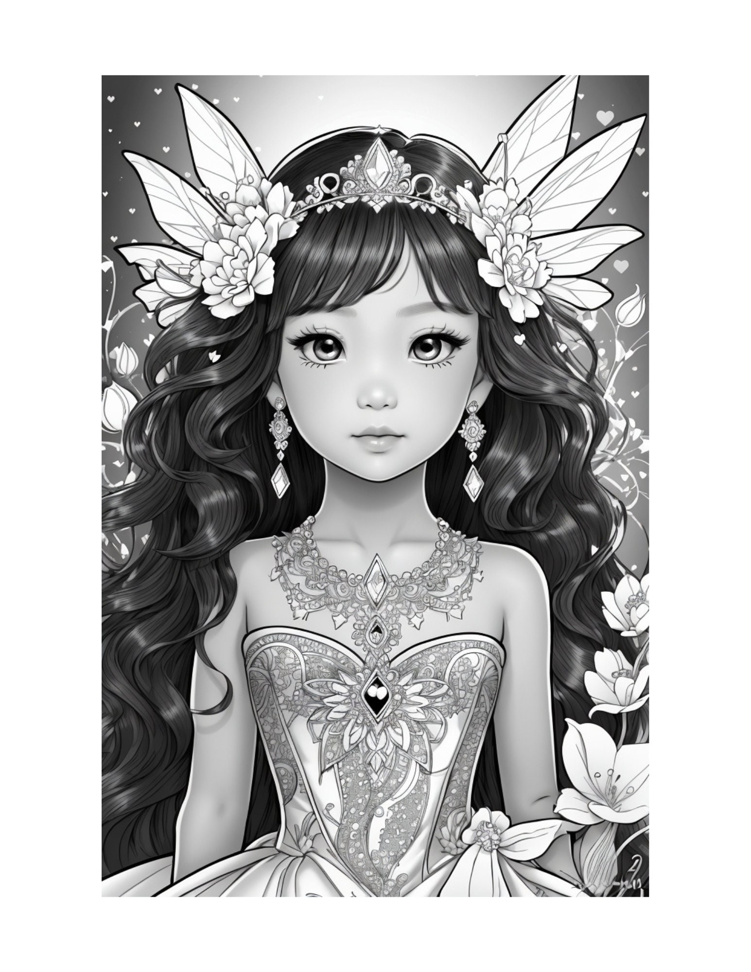 Fairy Dress and Jewels Coloring Page for Adults Cute Grayscale Cute ...