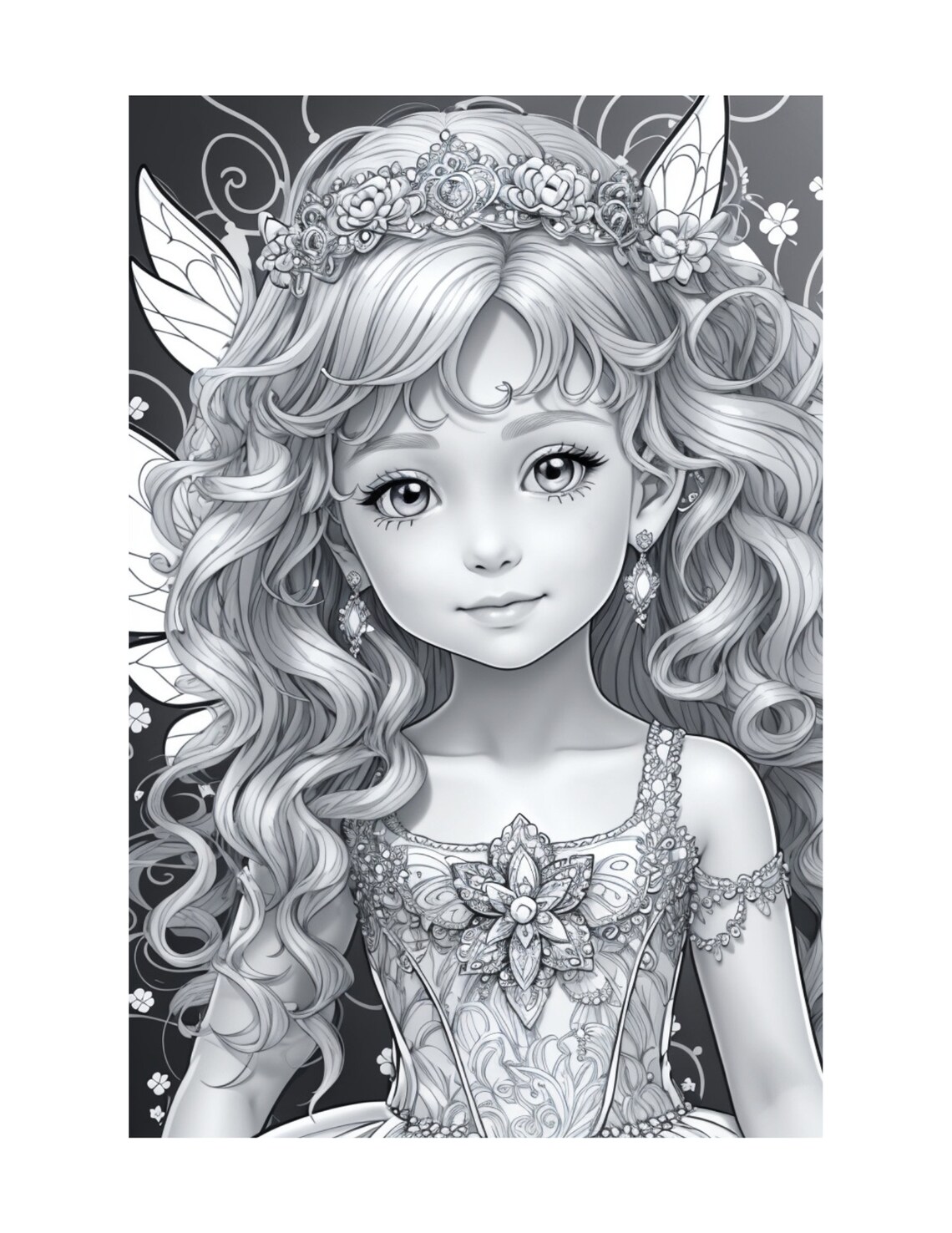 Fairy Dress and Jewels Coloring Page for Adults Cute Grayscale Cute ...