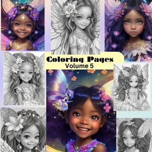 Garden Fairies Coloring Page for Adults Cute Grayscale Cute Princess Coloring Book for Kids, Printable Girls PDF, multi-racial kids, Fairy