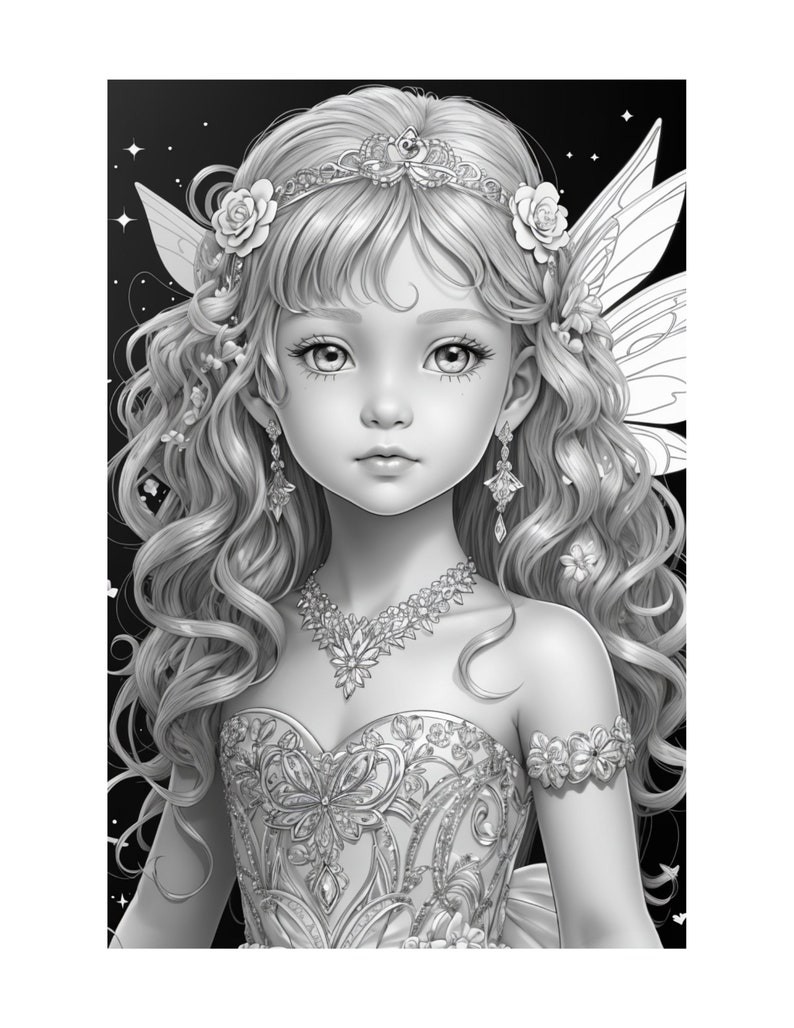 Fairy Dress and Jewels Coloring Page for Adults Cute Grayscale Cute ...