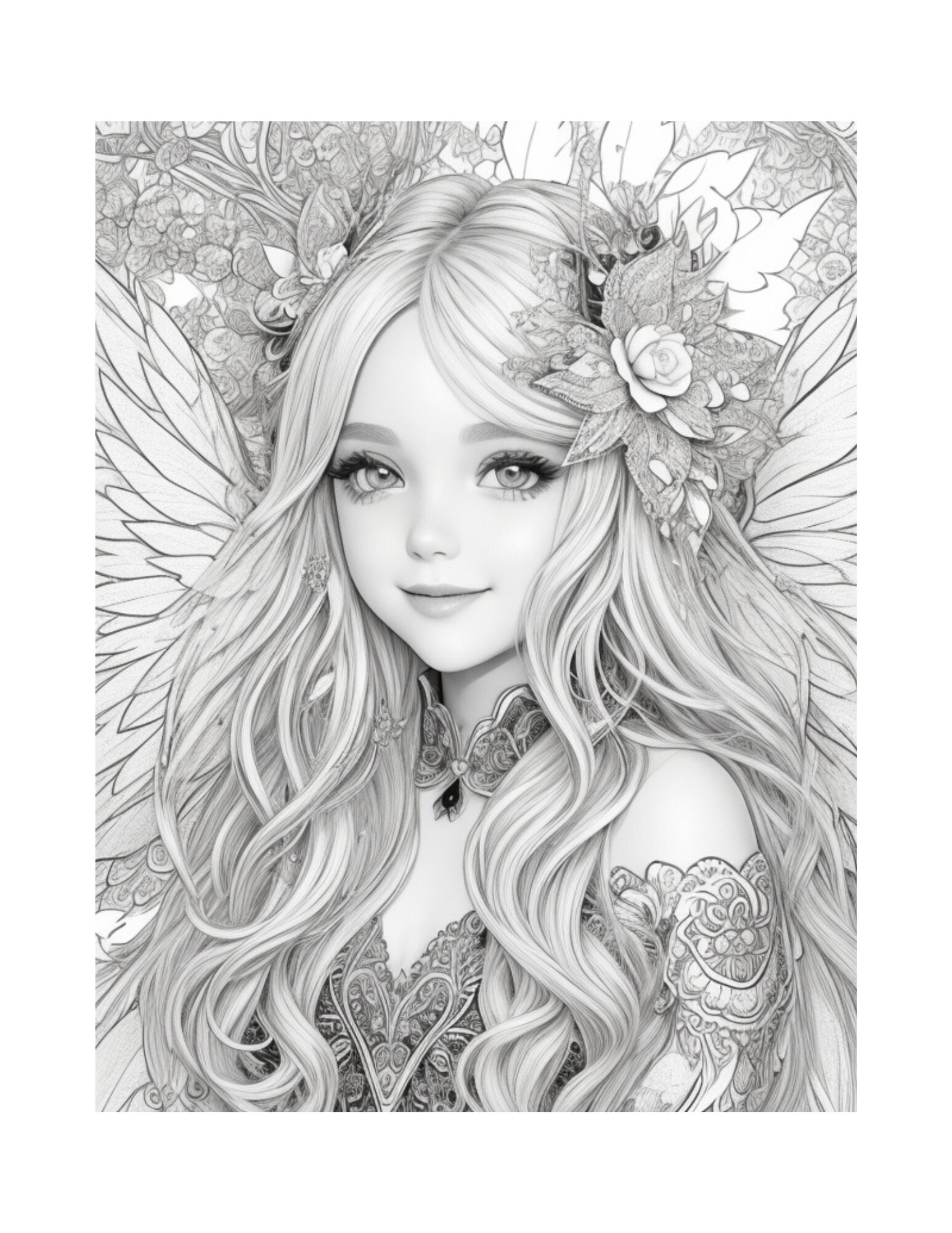 Garden Fairy &amp; Fairy Princess Coloring Page for Adults Cute Grayscale ...