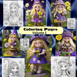 Cute Girl Gnomes coloring Pages for Adults Grayscale Coloring Book Download Grayscale Illustration Printable coloring digital