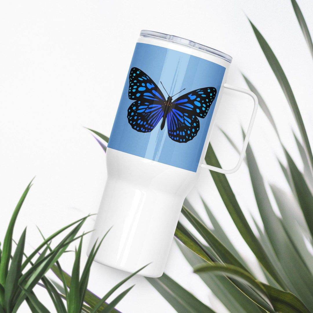 Blue Butterfly Travel Mug With Handle Ceramic Travel Mug Etsy