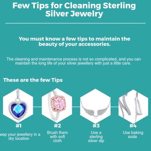 May include: Four tips for cleaning sterling silver jewelry. The tips include keeping jewelry in a dry location, brushing with a soft cloth, using a sterling silver dip, and using baking soda.