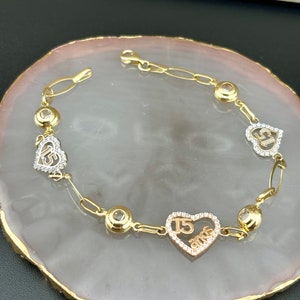 14K Gold Bracelet for Quinceanera. Pulsera de oro 14 kilates, Mis quince años pulsera de oro
