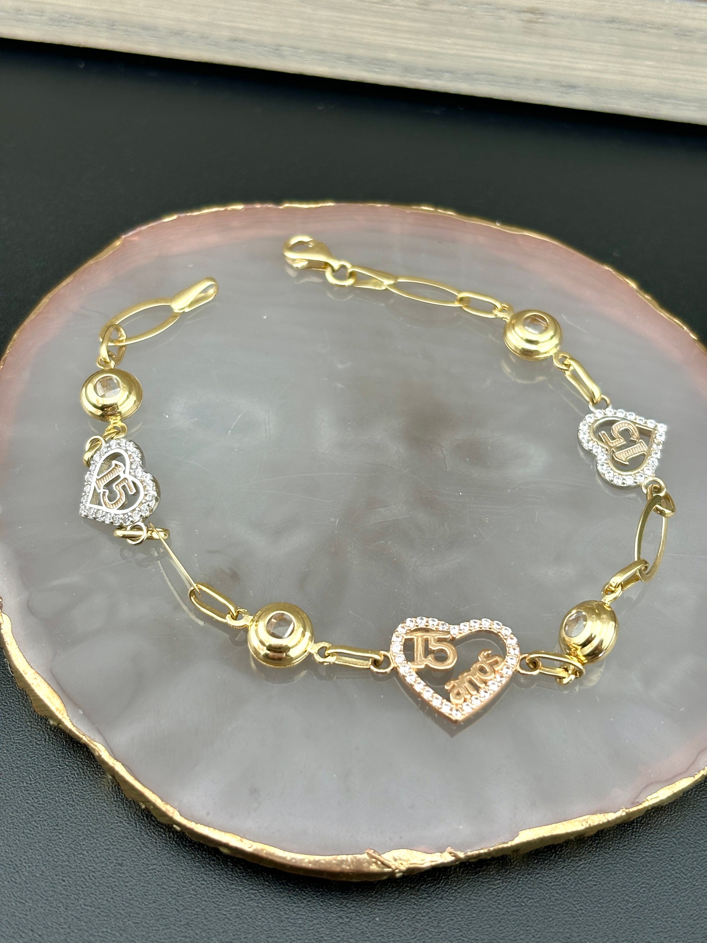 14K Gold Bracelet for Quinceanera. Pulsera de oro 14 kilates, Mis quince años pulsera de oro