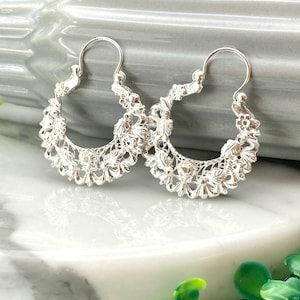 Mexican hoop earrings sterling silver 925, Arracadas jerezanas de plata fina 925, filigrana , filigree earrings